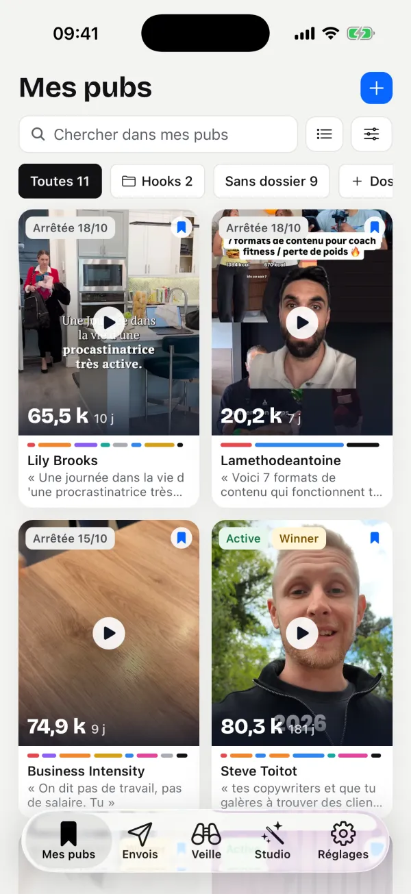Mes pubs : les pubs sauvées, de plusieurs annonceurs, avec leur reach