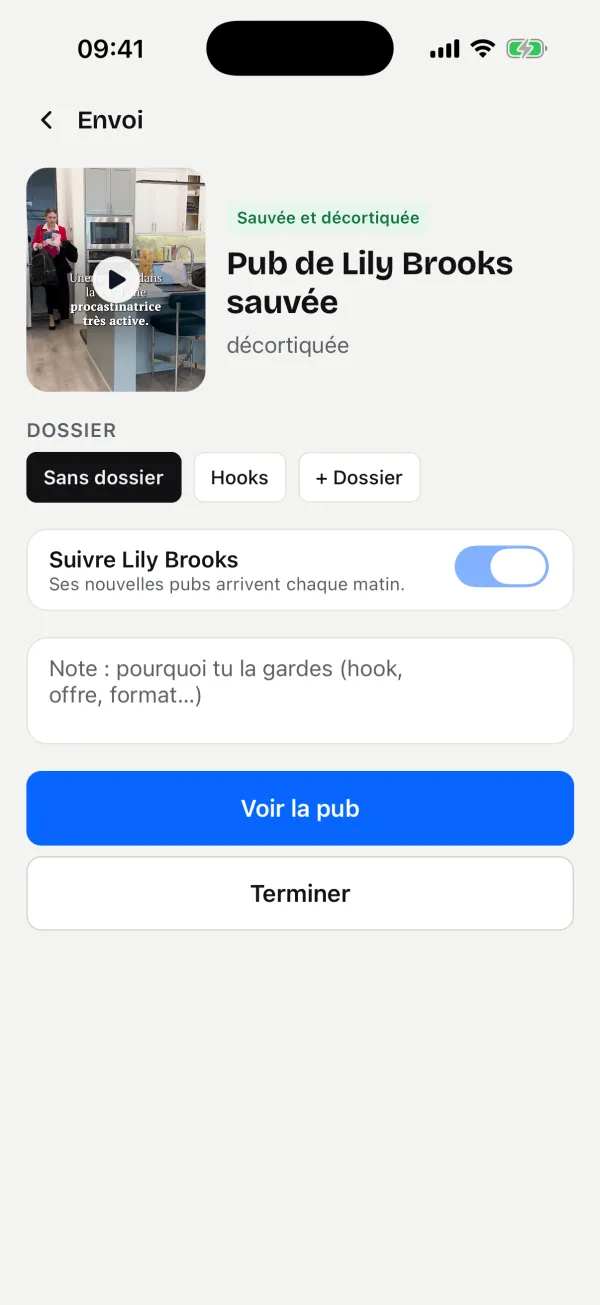 Le reçu d'envoi : pub sauvée, rangée dans un dossier, annonceur suivi