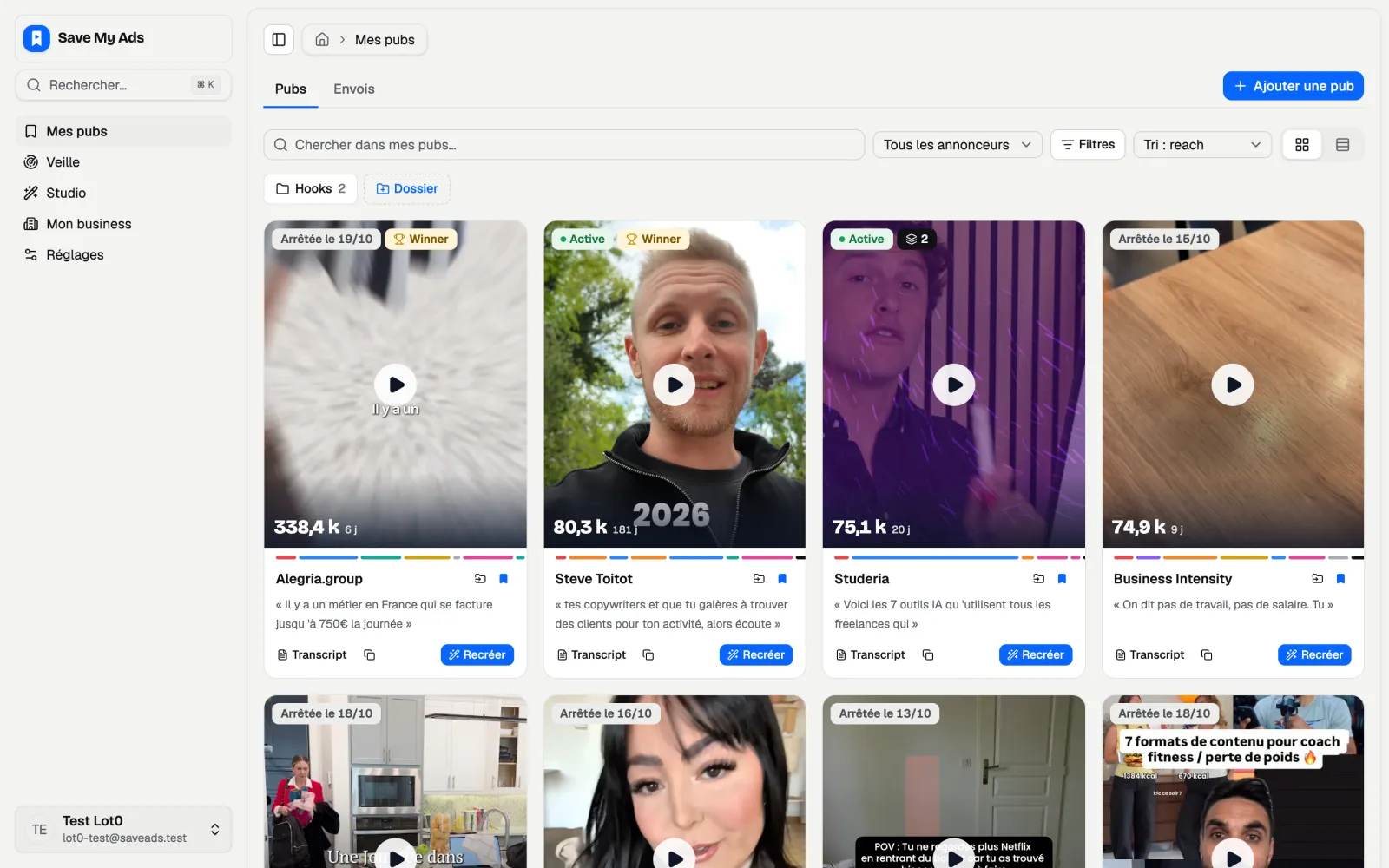 Mes pubs sur le web : des pubs de plusieurs annonceurs, triées par reach